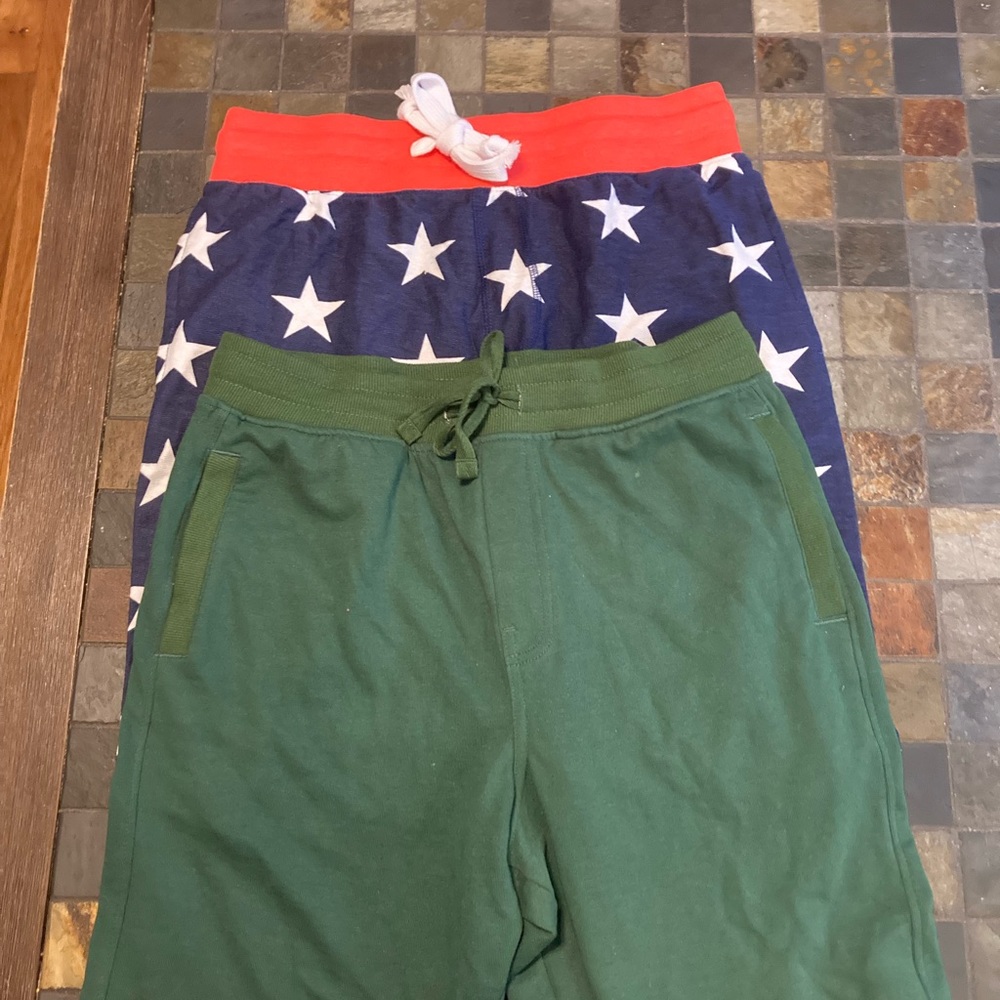 mens pj shorts sz S green (crane)  1 red w/ blue legs &white stars (george)